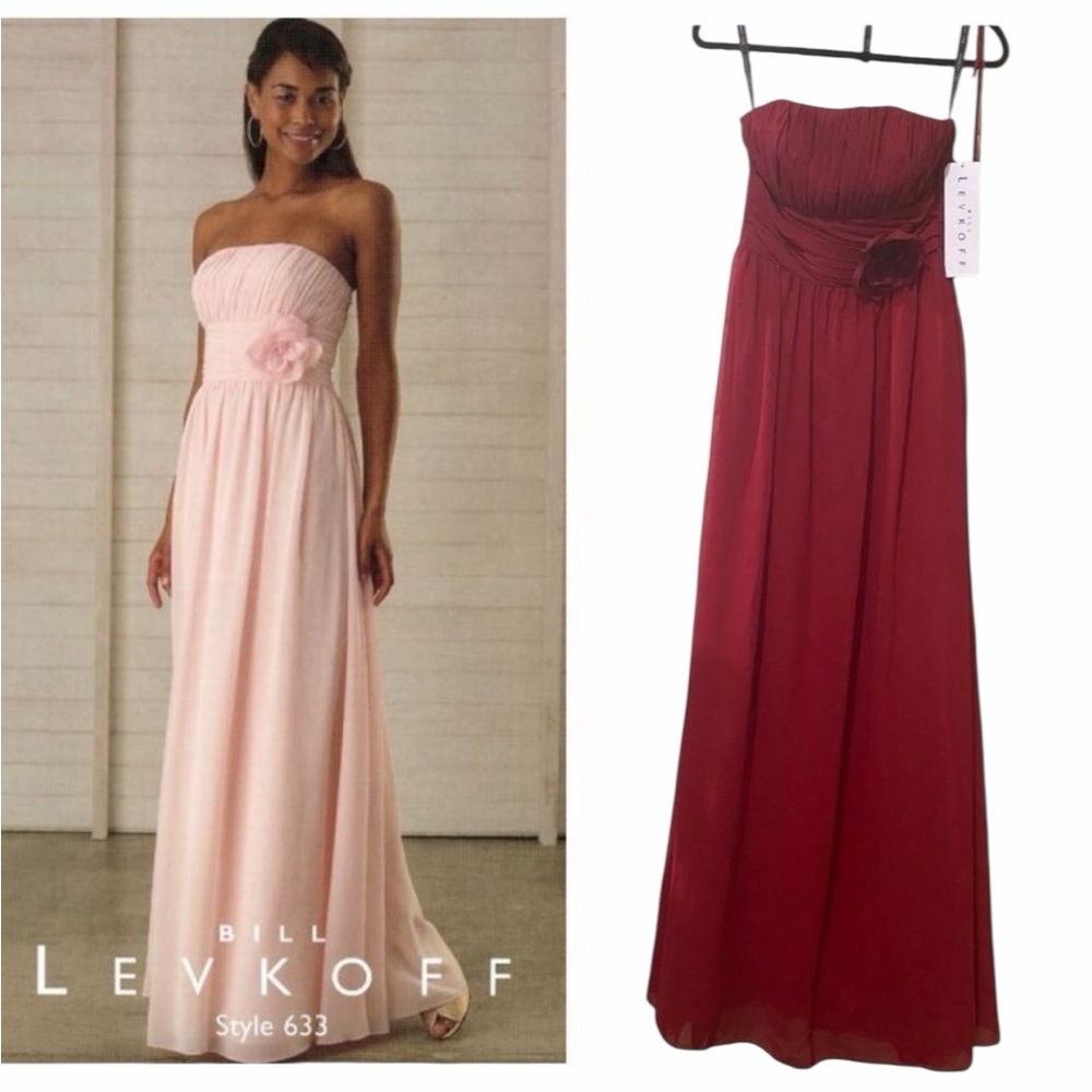 Bill Levkoff Style 633‎ Cranberry Red Dress Chiffon Pleated  Bodice Maxi Gown
